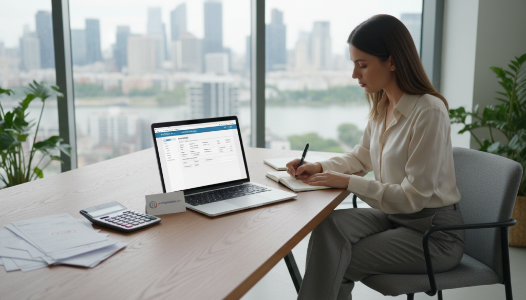 A professional workspace depicting the concept of invoicing in the context of "portage salarial." In the foreground, a clean wooden desk with an open laptop displaying a detailed invoice template. Beside it, neatly stacked invoices and a calculator, suggesting organization and precision. In the middle ground, a well-dressed freelancer, focused on the screen, wearing a smart blouse and formal pants, is jotting down notes with a pen. The background features a large window letting in soft natural light, illuminating a cityscape view, conveying a sense of professionalism. The mood is industrious, with a hint of calm, highlighting the importance of streamlined billing processes. Emphasize a modern and sophisticated atmosphere, with attention to detail, while ensuring a clean and distraction-free composition. Mention "portagesalarials.com" subtly incorporated into the scene on a business card placed on the desk.