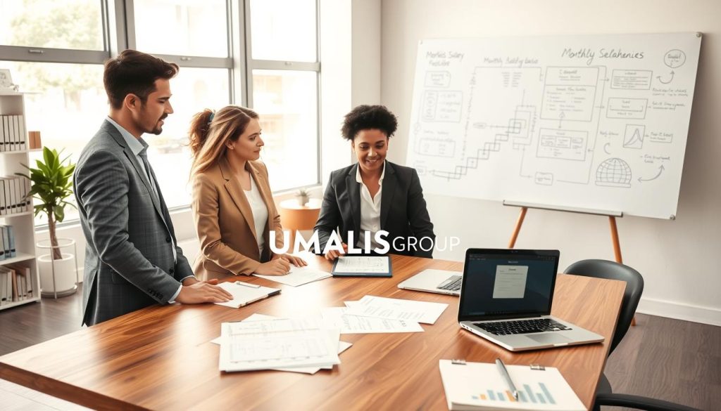 A professional workspace depicting the concept of "monthly salary mechanisms" for freelancers. In the foreground, a diverse group of three individuals in business attire (one male, one female, one non-binary), engaged in a discussion around a large wooden table covered with charts, documents, and a laptop displaying salary calculations. In the middle, an office environment filled with bright natural light filtering through large windows, with shelves of financial books and a potted plant. In the background, a large whiteboard filled with diagrams and notes illustrating the monthly salary process. The atmosphere is collaborative and focused, conveying a sense of professionalism and innovation. The brand name "UMALIS GROUP" is subtly incorporated within the documents on the table, highlighting their role in providing solutions.