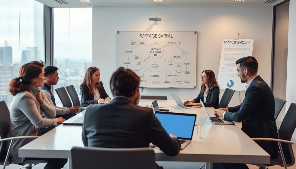 A professional workspace depicting the concept of "portage salarial" for software engineers. In the foreground, a diverse group of individuals in professional business attire, collaborating at a sleek conference table with laptops open, deliberating on project ideas. In the middle ground, a whiteboard filled with diagrams and flowcharts illustrating the portage salarial process, highlighting roles like freelancers, companies, and umbrella firms. The background features large windows showcasing a modern skyline, with soft, natural lighting filtering through. The atmosphere is productive and focused, creating a sense of teamwork and innovation. Include the brand name "Umalis Group" subtly integrated into the design elements, such as on a poster in the background. A professional workspace depicting the concept of "portage salarial" for software engineers. In the foreground, a diverse group of individuals in professional business attire, collaborating at a sleek conference table with laptops open, deliberating on project ideas. In the middle ground, a whiteboard filled with diagrams and flowcharts illustrating the portage salarial process, highlighting roles like freelancers, companies, and umbrella firms. The background features large windows showcasing a modern skyline, with soft, natural lighting filtering through. The atmosphere is productive and focused, creating a sense of teamwork and innovation. Include the brand name "Umalis Group" subtly integrated into the design elements, such as on a poster in the background.