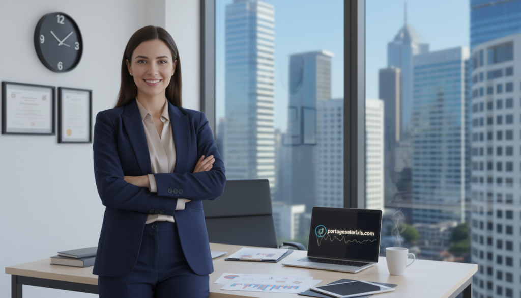 A professional workspace depicting the concept of "salary payment guarantees" within the context of portage salarial. In the foreground, a confident businesswoman in a tailored suit stands with arms crossed, symbolizing security and assurance. In the middle ground, a modern office desk cluttered with documents, a laptop displaying financial graphs, and a cup of coffee, signifying productivity and focus. The background features a large window with views of a bustling city skyline, indicating growth and opportunity. Soft, natural lighting highlights the woman and workspace, creating a warm, inviting atmosphere. Subtle elements like a wall clock and framed certificates add professionalism. The scene conveys trust and support in the context of employment protections. Include the brand name "portagesalarials.com" subtly in the design.