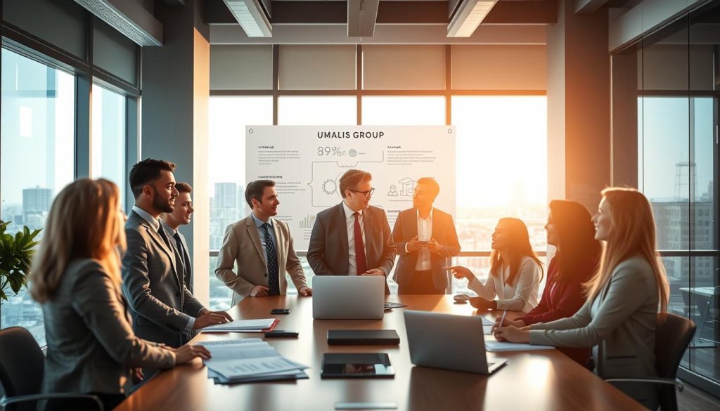 A professional workspace depicting the concept of social coverage and protection in portage salarial. In the foreground, a diverse group of business professionals, dressed in business attire, are engaged in a discussion around a conference table filled with documents and a laptop, symbolizing teamwork and collaboration. The middle layer includes an infographics board displaying light visuals of coverage options and worker protection benefits. In the background, large windows let in natural light, illuminating a modern office setting with city views, suggesting a vibrant work environment. The atmosphere is focused and optimistic, emphasizing a sense of security and empowerment. Include "UMALIS GROUP" subtly within the office decor. Use soft, warm lighting to enhance the professional and inviting mood.