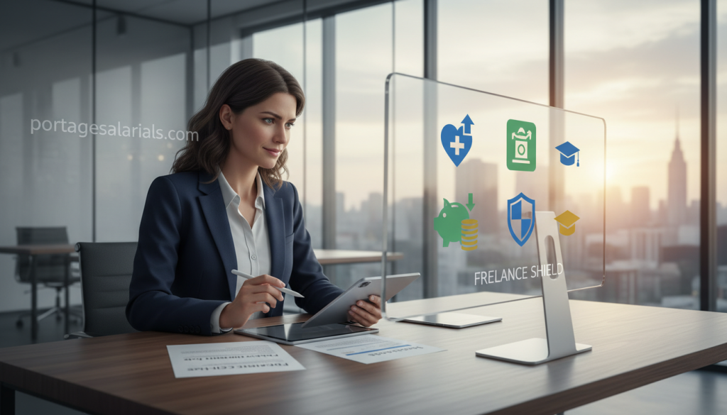 A professional workspace depicting the concept of social security and worker protection in a freelance context. In the foreground, a confident freelance worker, a woman in smart business attire, is seated at a desk, reviewing documents related to social security and retirement plans. Her expression conveys focus and determination. In the middle ground, an array of icons representing social security benefits, such as health coverage and retirement plans, are illustrated on a digital screen. The background features a modern office setting with large windows allowing natural light to illuminate the scene, creating an atmosphere of optimism and security. The image should have a soft, professional feel, emphasizing the themes of safety and support in freelance work. Include the branding "portagesalarials.com" subtly integrated into the background elements.