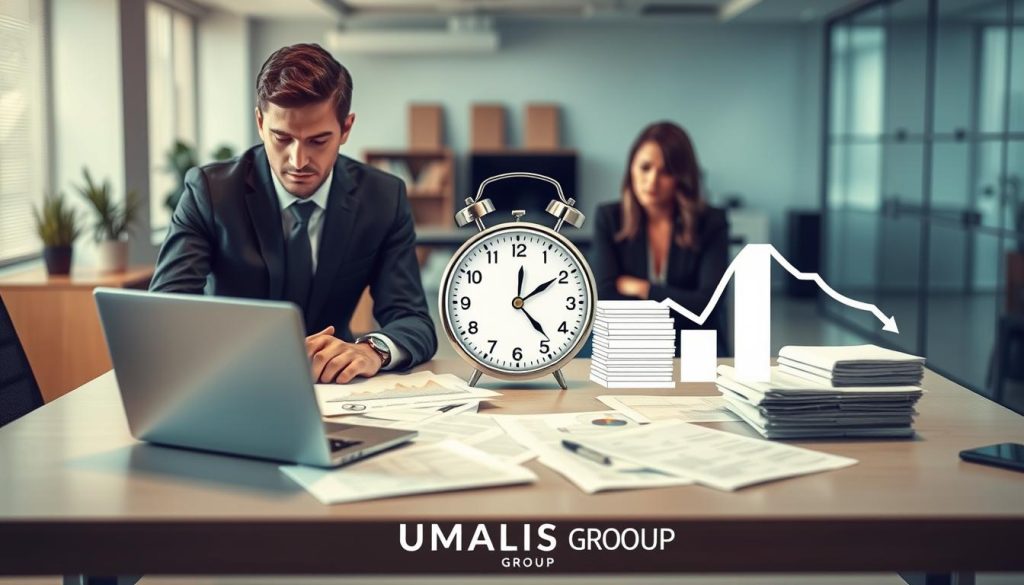 A professional workspace depicting the concept of "the limits of portage salarial." In the foreground, show a businessman and a businesswoman in professional attire, engaged in a thoughtful conversation with a laptop and documents spread out on a modern desk. In the middle ground, illustrate elements that signify constraints, such as a clock with the hands stuck at different times, stacks of regulations or paperwork symbolizing bureaucracy, and a chart showing downward trends. In the background, create a slightly blurred office environment with muted colors to suggest stress or uncertainty. The lighting should be soft and diffused, casting gentle shadows, creating a serious yet contemplative atmosphere. Include brand recognition for "UMALIS GROUP" subtly integrated into the workspace elements.