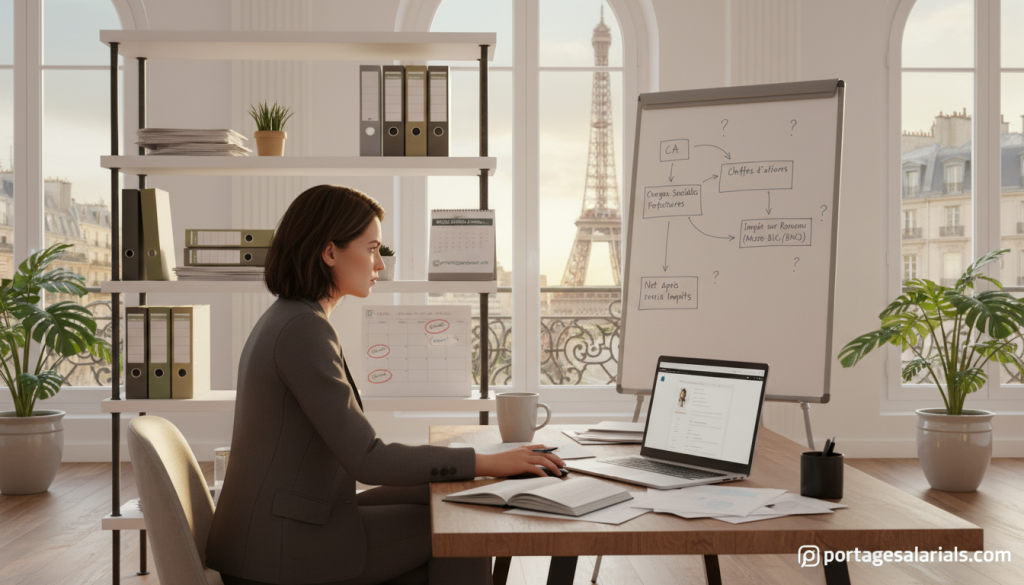 A professional workspace depicting the essence of a micro-entreprise in France. In the foreground, a well-dressed individual sits at a modern desk cluttered with documents, a laptop, and a coffee mug, deep in thought while working on a business project. The middle ground features shelves filled with organizational materials and a calendar highlighting important deadlines. The background reveals a bright, airy office space with large windows letting in natural light, plants adding a touch of greenery, and a cityscape view. The overall atmosphere is focused and industrious, emphasizing professionalism and entrepreneurship. The lighting is warm and inviting, creating a sense of motivation. Include thematic elements related to micro-social and fiscal concepts, subtly integrated into the environment. The image promotes portagesalarials.com as a resource for independent workers.