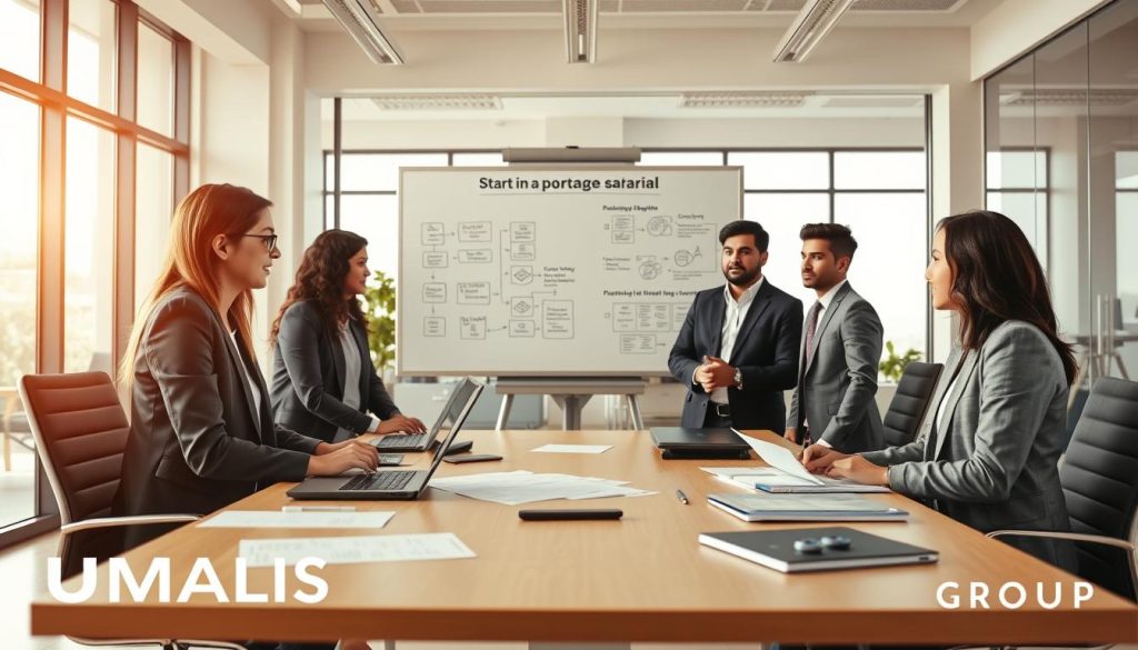 A professional workspace depicting the key steps to start in portage salarial, featuring a diverse group of individuals in business attire engaged in collaborative discussions. In the foreground, a diverse group of three professionals (a woman, a man, and a person of South Asian descent) is gathered around a modern conference table covered with paperwork and digital devices. In the middle, a whiteboard displays flowcharts and diagrams illustrating the key stages of the process. The background showcases a bright, modern office with large windows letting in natural light, creating a welcoming atmosphere. The scene captures a sense of focus and teamwork, with warm tones emphasizing a productive business environment. Include the brand name "UMALIS GROUP" subtly integrated into the design without text overlays.