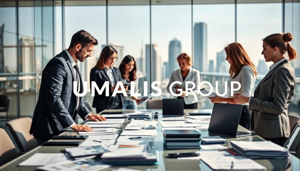 A professional workspace depicting the theme of recruitment intentions and independent consulting opportunities. In the foreground, sharp-focus images of a diverse group of professionals dressed in smart business attire engaged in discussions, reviewing documents and charts. In the middle ground, a large modern conference table strewn with papers and laptops, suggesting active planning. The background features a transparent glass wall with a city skyline view, emphasizing urban business dynamics. Soft natural lighting streams in, creating a warm and inviting atmosphere, while a slight lens blur enhances the focus on the professionals. Include subtle branding elements of "UMALIS GROUP" integrated into the scene, reflecting an innovative and forward-thinking consultancy vibe.