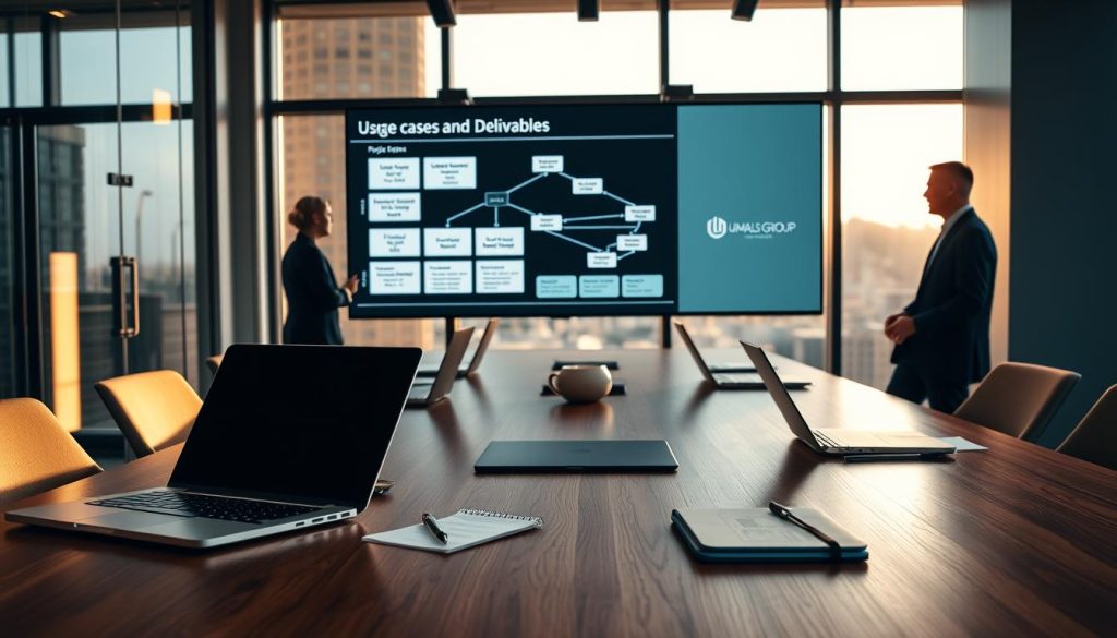 A professional workspace designed for an AI project meeting, showcasing a modern conference room. In the foreground, a sleek wooden conference table is set up with laptops, notepads, and digital devices displaying data flowcharts and project management software. Midground elements include a large screen displaying a graph representing usage cases and deliverables of an AI project, emphasizing structure and organization. The background features large windows with natural light pouring in, creating an inspiring and productive atmosphere. Soft, warm lighting enhances the professionalism of the scene. Two or three individuals in business attire, collaborating and discussing, represent teamwork and strategy, with the logo "UMALIS GROUP" subtly displayed on one of the digital screens. A professional workspace designed for an AI project meeting, showcasing a modern conference room. In the foreground, a sleek wooden conference table is set up with laptops, notepads, and digital devices displaying data flowcharts and project management software. Midground elements include a large screen displaying a graph representing usage cases and deliverables of an AI project, emphasizing structure and organization. The background features large windows with natural light pouring in, creating an inspiring and productive atmosphere. Soft, warm lighting enhances the professionalism of the scene. Two or three individuals in business attire, collaborating and discussing, represent teamwork and strategy, with the logo "UMALIS GROUP" subtly displayed on one of the digital screens.