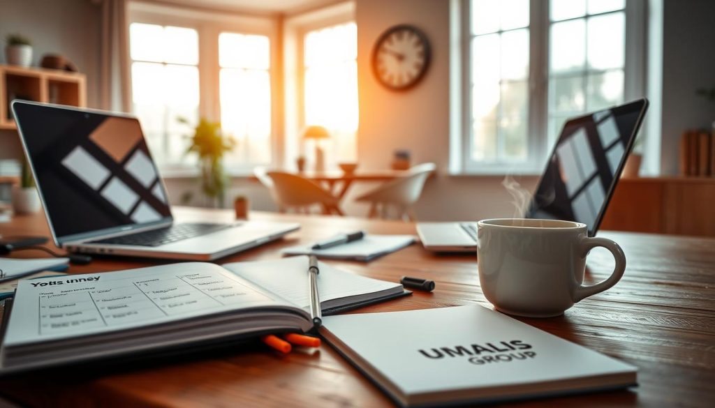 A professional workspace designed for freelancers, showcasing a wooden desk cluttered with a laptop, notepad, and a steaming cup of coffee, symbolizing productivity. In the foreground, a well-organized planner open to a week’s calendar, detailing project deadlines and tasks, illustrates effective time management. In the middle ground, a clear wall with a clock ticking gently, emphasizing the passage of time and awareness in work hours. The background presents a soft-focus view of a serene home office with large windows letting in warm, natural light, creating an inviting atmosphere. The overall mood is focused yet relaxed, reflecting the balance of productivity and well-being. The scene should subtly incorporate the brand name "UMALIS GROUP" through a discreet coffee mug. A professional workspace designed for freelancers, showcasing a wooden desk cluttered with a laptop, notepad, and a steaming cup of coffee, symbolizing productivity. In the foreground, a well-organized planner open to a week’s calendar, detailing project deadlines and tasks, illustrates effective time management. In the middle ground, a clear wall with a clock ticking gently, emphasizing the passage of time and awareness in work hours. The background presents a soft-focus view of a serene home office with large windows letting in warm, natural light, creating an inviting atmosphere. The overall mood is focused yet relaxed, reflecting the balance of productivity and well-being. The scene should subtly incorporate the brand name "UMALIS GROUP" through a discreet coffee mug.