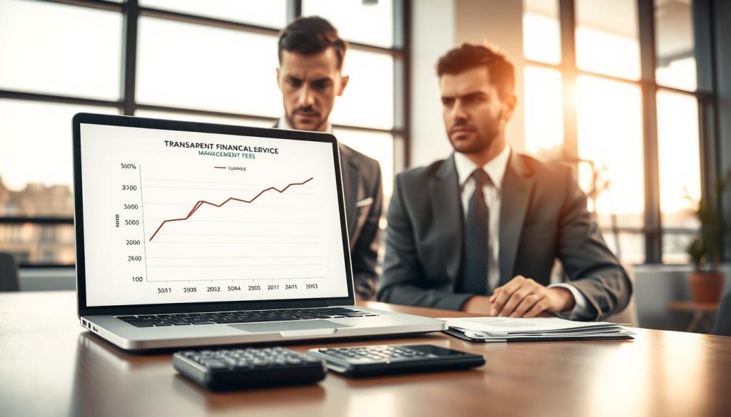 A professional workspace designed for transparent financial management, featuring a modern office desk with a laptop displaying a clear graph comparing management fees. In the foreground, a serious business professional in a tailored suit observes the graph, showing a focused expression. In the middle, there's a notepad with neatly arranged documents and a calculator, symbolizing careful calculations and clarity. The background includes large windows letting in warm, natural light, casting soft shadows to create a welcoming atmosphere. The overall mood should convey trust, professionalism, and attention to detail, emphasizing the importance of comparing service fees. Include subtle branding elements of "UMALIS GROUP" within the workspace, ensuring it blends naturally.