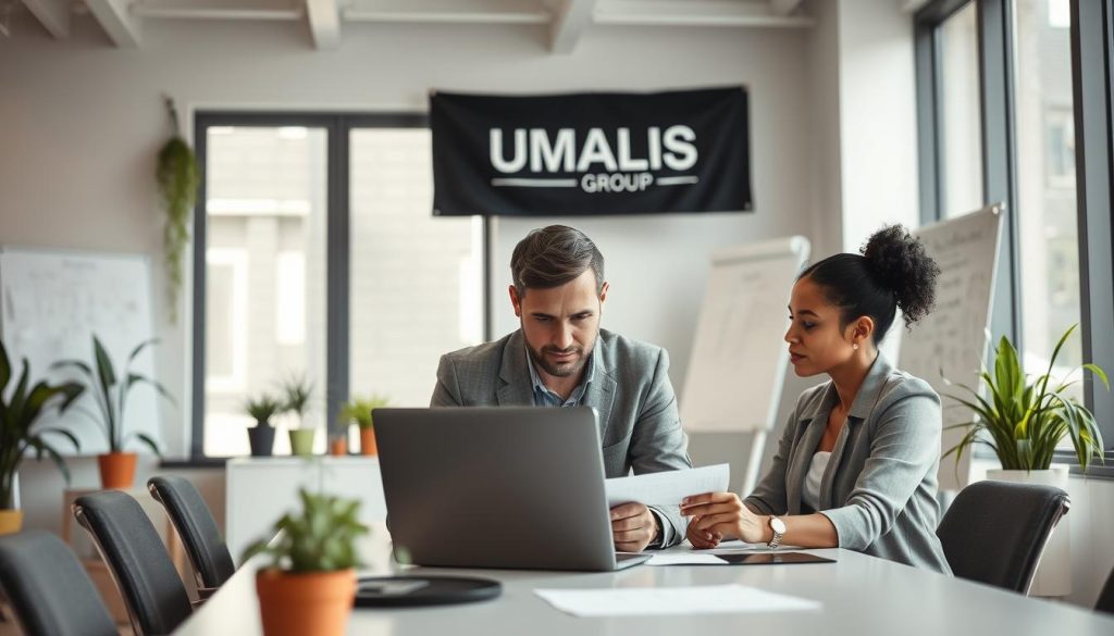 A professional workspace environment illustrating the concept of "portage salarial," featuring a diverse group of freelancers collaborating around a modern conference table. In the foreground, a man and a woman in professional business attire discuss plans while looking at a laptop. The middle ground showcases a large window with natural light streaming in, plants adorning the space, and a whiteboard filled with notes. In the background, a banner displaying the brand "UMALIS GROUP" subtly hints at the support offered for freelancers. The mood is bright and optimistic, reflecting security and professionalism in the freelance journey. Use a soft focus effect to enhance the atmosphere, creating a sense of warmth and camaraderie among the professionals.