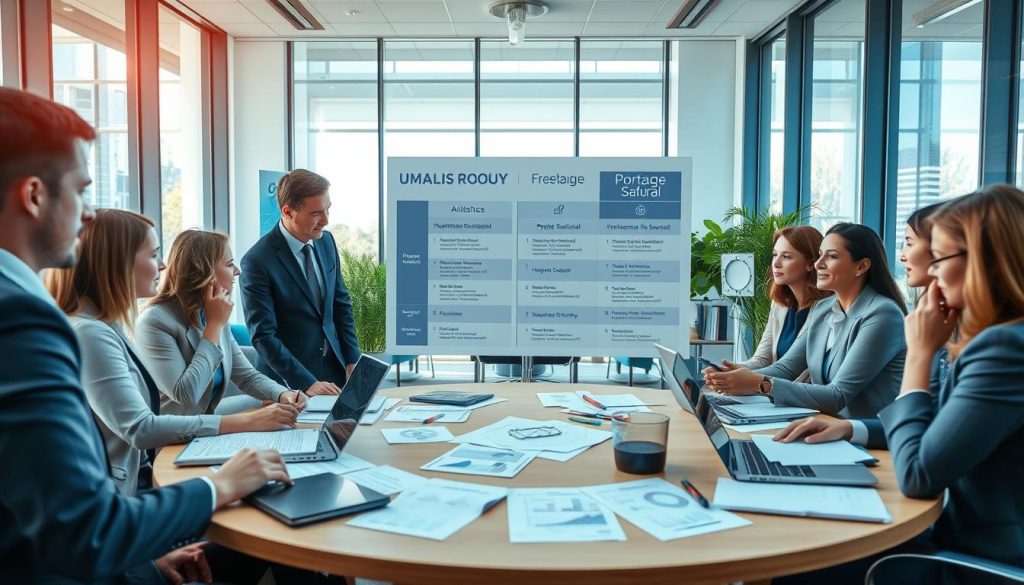 A professional workspace environment showcasing a comparison of independent professional statuses. In the foreground, a group of diverse professionals in business attire engage in a discussion around a large round table, with documents, charts, and laptops spread out. In the middle ground, a large infographic or presentation board displays clear visual comparisons of different professional statuses like freelance, portage salarial, and other independent statuses. The background features a bright, modern office setting with large windows, allowing natural light to flood the space. The atmosphere is collaborative and informative, conveying a sense of professionalism and clarity. The logo of "UMALIS GROUP" is subtly included in the presentation. The scene is captured with a wide-angle lens, ensuring all elements are visible and well-lit. A professional workspace environment showcasing a comparison of independent professional statuses. In the foreground, a group of diverse professionals in business attire engage in a discussion around a large round table, with documents, charts, and laptops spread out. In the middle ground, a large infographic or presentation board displays clear visual comparisons of different professional statuses like freelance, portage salarial, and other independent statuses. The background features a bright, modern office setting with large windows, allowing natural light to flood the space. The atmosphere is collaborative and informative, conveying a sense of professionalism and clarity. The logo of "UMALIS GROUP" is subtly included in the presentation. The scene is captured with a wide-angle lens, ensuring all elements are visible and well-lit.
