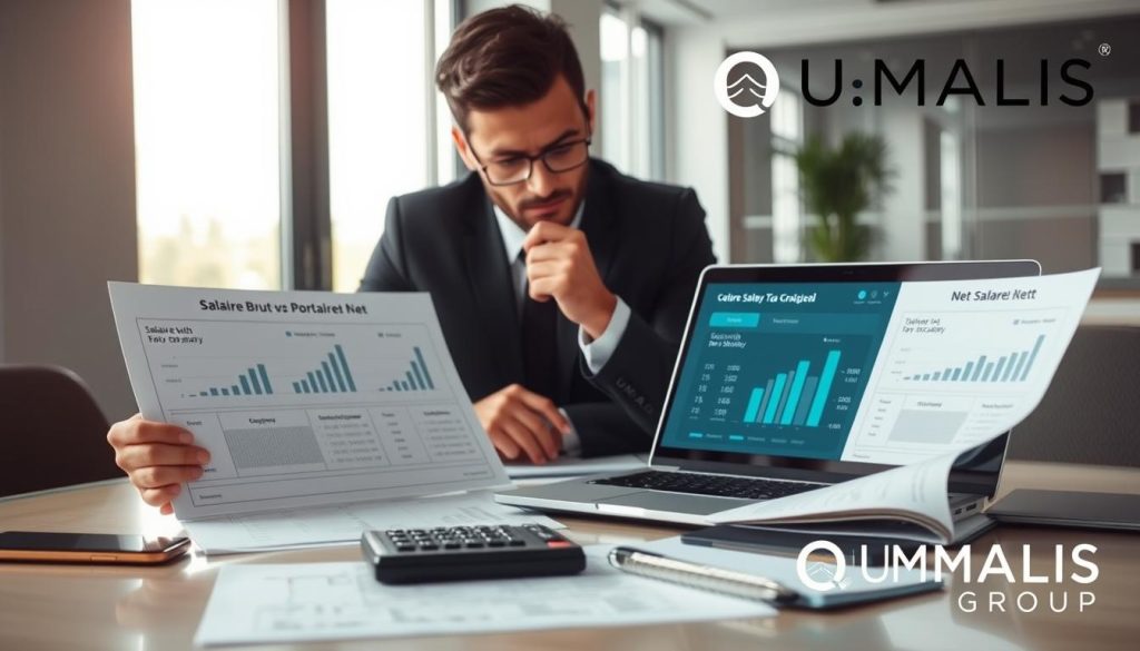 A professional workspace featuring a clear desk with financial documents related to "salaire brut" and "salaire net," such as charts and graphs, highlighting the differences between gross salary and net salary in the context of "portage salarial." In the foreground, a focused individual in business attire examines these documents with a thoughtful expression. In the middle, a laptop displaying a user-friendly tax simulator interface can be seen, surrounded by office supplies like a calculator and notepad. The background includes a modern office environment with soft, natural lighting filtering through a window, creating an atmosphere of professionalism and focus. The brand "UMALIS GROUP" is subtly integrated into the scene, enhancing the corporate context while maintaining a clean, informative visual representation.