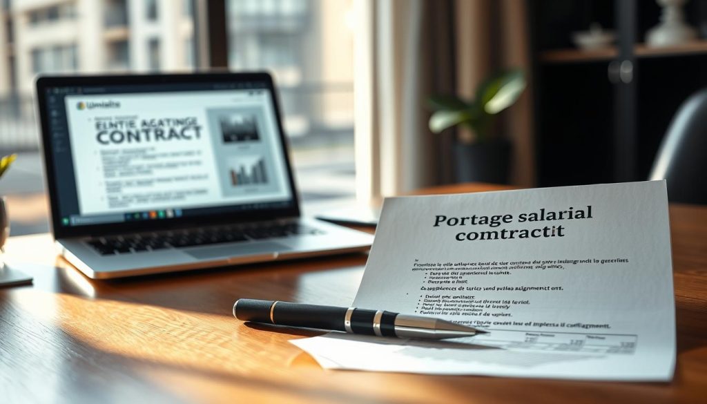 A professional workspace featuring a close-up of a "Portage salarial" contract and assignment terms displayed prominently on a polished wooden desk. The contract is neatly printed on high-quality paper, with a professional pen placed beside it. In the background, a laptop screen shows documents related to client assignments and employment terms, while a blurred view of a modern office setting gives a corporate atmosphere. Soft, natural lighting filters through a nearby window, casting gentle shadows that add depth to the scene. The mood is focused and serious, reflecting the importance of reviewing work contracts. Include the name "Umalis Group" subtly visible on the contract papers.