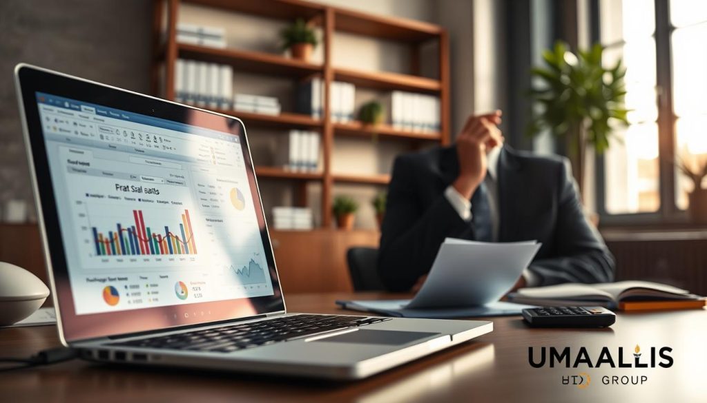 A professional workspace featuring a close-up of a laptop open to a financial simulation tool, displaying colorful graphs and data related to portage salarial calculations. In the foreground, a person in business attire is engaged in thoughtful analysis, with a calculator and notes scattered around. The middle layer includes a softly blurred office setting, with shelves lined with financial books and a potted plant, suggesting a calm and focused atmosphere. The background shows large windows with natural light streaming in, illuminating the workspace, creating a warm and inviting environment. The overall mood is one of productivity and professionalism. Include subtle branding elements subtly displaying "UMALIS GROUP".