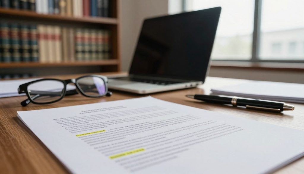 A professional workspace featuring a close-up view of a contract on a desk, surrounded by essential elements of intellectual property and confidentiality. In the foreground, the contract includes highlighted sections on confidentiality clauses, with a subtle focus on the wording. The middle layer shows a laptop, a pair of glasses, and a pen, symbolizing an ongoing review of the contract. The background is softly blurred, featuring an office setting with bookshelves filled with legal books and a large window allowing natural light to illuminate the scene. The atmosphere is serious yet constructive, evoking a sense of professionalism and diligence. The lighting is warm to create an inviting but focused mood, using a slight overhead angle to enhance the visual depth.