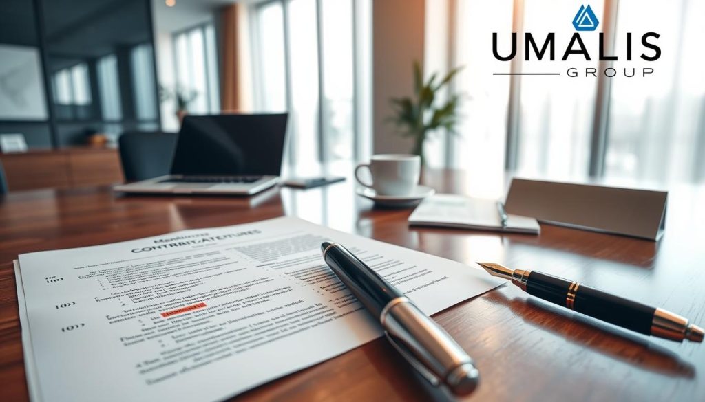 A professional workspace featuring a close-up view of an open contract document on a polished wooden desk. The contract, titled "Mentions Obligatoires Contrat," is filled with formal language and legal clauses, some highlighted for emphasis. In the foreground, a stylish fountain pen rests next to the document, suggesting a moment of decision-making. The middle ground shows a contemporary office environment with a laptop, a coffee cup, and a notepad, conveying a sense of business focus. The background features large windows with natural light streaming in, creating a warm and inviting atmosphere. In the corner, the brand name "UMALIS GROUP" is displayed on a sleek nameplate. The mood is professional and serious, suited for illustrating important contractual obligations in a salarial portage context. A professional workspace featuring a close-up view of an open contract document on a polished wooden desk. The contract, titled "Mentions Obligatoires Contrat," is filled with formal language and legal clauses, some highlighted for emphasis. In the foreground, a stylish fountain pen rests next to the document, suggesting a moment of decision-making. The middle ground shows a contemporary office environment with a laptop, a coffee cup, and a notepad, conveying a sense of business focus. The background features large windows with natural light streaming in, creating a warm and inviting atmosphere. In the corner, the brand name "UMALIS GROUP" is displayed on a sleek nameplate. The mood is professional and serious, suited for illustrating important contractual obligations in a salarial portage context.