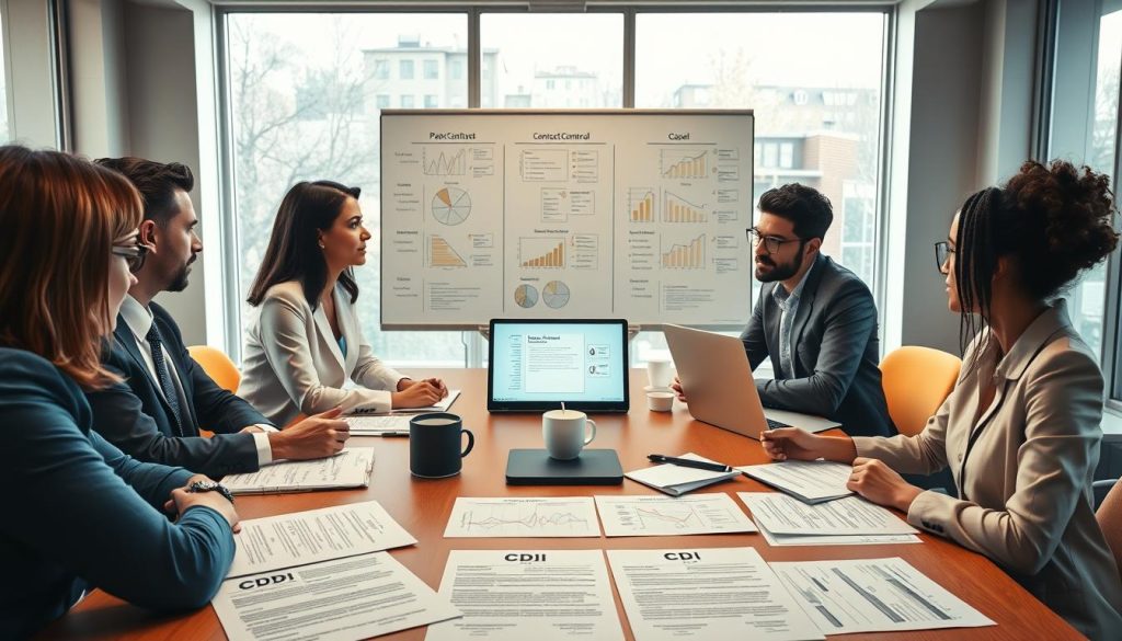 A professional workspace featuring a conference table with documents spread across it, illustrating CDD (fixed-term contract) and CDI (permanent contract) alongside a portfolio for portage salarial. In the foreground, a diverse group of professionals in business attire is discussing the contracts, showcasing a collaborative atmosphere. The middle ground includes a large whiteboard filled with graphs and contract types, while a laptop displays a digital presentation on the topic. In the background, large windows allow soft, natural daylight to stream in, enhancing the productivity vibe. The overall color palette is warm and inviting, promoting focus and clarity, with an emphasis on organized chaos reflecting the complexities of contract types. The image captures a dynamic and engaging discussion on modern labor contracts appropriate for freelancers.