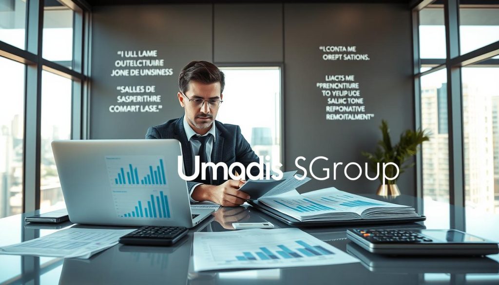 A professional workspace featuring a consultant sitting at a sleek desk, analyzing financial graphs and calculations related to salary optimization in "portage salarial". The foreground displays a laptop with open spreadsheets, financial documents, and a calculator. In the middle, a well-dressed individual, wearing formal business attire, focuses intently on the data. The background is adorned with motivational business quotes on the wall and a modern cityscape visible through large windows, bathed in bright, natural light. The atmosphere is one of concentration and success, emphasizing the importance of optimizing remuneration. Include the brand name "Umalis Group" subtly in the image, ensuring it complements the professional setting without being overpowering.