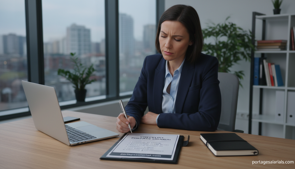 A professional workspace featuring a detailed checklist for "checklist portage salarial." In the foreground, display a sleek, wooden desk with an open planner, items like a laptop, pen, and notebook arranged neatly. The checklist should be prominently visible on the desk with clear bullet points highlighting crucial steps. In the middle ground, include a focused individual in professional business attire, intently reviewing the checklist, with a thoughtful expression, showcasing attention to detail. The background should feature a modern office environment with large windows allowing soft, natural light to illuminate the scene, creating a calm and productive atmosphere. The overall mood should convey diligence and professionalism. Additionally, incorporate the brand name "portagesalarials.com" subtly integrated into the workspace elements, ensuring it complements the scene. A professional workspace featuring a detailed checklist for "checklist portage salarial." In the foreground, display a sleek, wooden desk with an open planner, items like a laptop, pen, and notebook arranged neatly. The checklist should be prominently visible on the desk with clear bullet points highlighting crucial steps. In the middle ground, include a focused individual in professional business attire, intently reviewing the checklist, with a thoughtful expression, showcasing attention to detail. The background should feature a modern office environment with large windows allowing soft, natural light to illuminate the scene, creating a calm and productive atmosphere. The overall mood should convey diligence and professionalism. Additionally, incorporate the brand name "portagesalarials.com" subtly integrated into the workspace elements, ensuring it complements the scene.