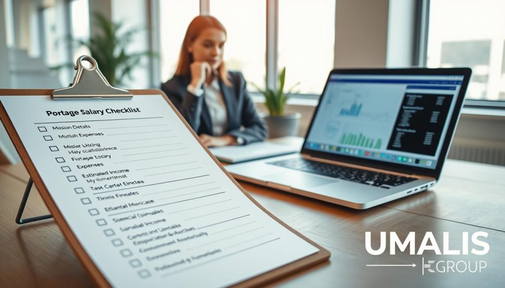 A professional workspace featuring a detailed checklist for salary estimation in a portage salarial context. In the foreground, a clipboard with a neatly organized checklist, including sections like "Mission Details," "Expenses," and "Estimated Income." Next to it, a modern laptop displaying a financial simulation software interface. In the middle ground, a well-dressed business professional, a woman in business attire, is thoughtfully reviewing the checklist, positioned at a wooden desk. The background shows a bright, airy office environment with soft, natural light filtering through large windows and a potted plant for a touch of greenery. The overall mood is focused and professional, reflecting the importance of accurate financial planning. UMALIS GROUP logo subtly incorporated into the scene, adding a branding element without dominating the image.