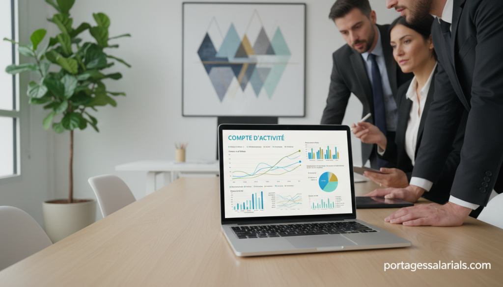 A professional workspace featuring a detailed "compte d’activité" chart displayed on a sleek laptop screen, with graphs and data visualizations reflecting financial transparency. In the foreground, a diverse group of business professionals in smart attire—two men and a woman—are engaged in discussion, analyzing the charts on the laptop. The middle ground shows a modern office setting with minimalistic decor, a large window letting in soft, natural light, and a potted plant add warmth to the scene. In the background, abstract financial-themed art subtly enhances the atmosphere. The mood is one of collaboration and insight. High-resolution, with a slight depth of field focused on the laptop and people. Promote portagesalarials.com prominently in an unobtrusive way within the workspace.