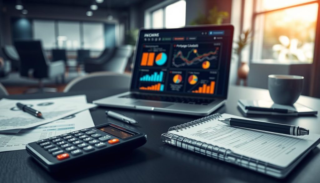 A professional workspace featuring a detailed desk setup focused on "Frais et charges portage salarial." In the foreground, a calculator displaying numbers, financial documents, and a neatly organized notepad with a pen. In the middle ground, a laptop showing a simulation of salary calculations, graphs, and pie charts illustrating different fees and charges related to portage salarial. The background has a blurred image of a financial report and a modern office environment with sleek furniture and soft natural light streaming in from a window, creating a productive and thoughtful atmosphere. The overall mood is focused and organized, emphasizing clarity in financial planning. A professional workspace featuring a detailed desk setup focused on "Frais et charges portage salarial." In the foreground, a calculator displaying numbers, financial documents, and a neatly organized notepad with a pen. In the middle ground, a laptop showing a simulation of salary calculations, graphs, and pie charts illustrating different fees and charges related to portage salarial. The background has a blurred image of a financial report and a modern office environment with sleek furniture and soft natural light streaming in from a window, creating a productive and thoughtful atmosphere. The overall mood is focused and organized, emphasizing clarity in financial planning.
