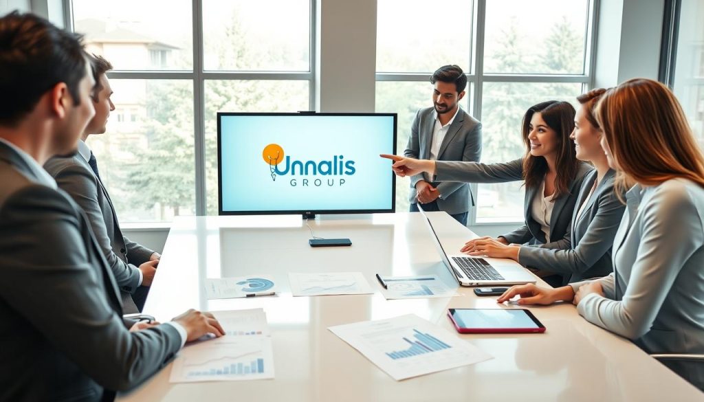 A professional workspace featuring a diverse group of business consultants gathered around a sleek, modern conference table. In the foreground, a woman in a smart business suit points at a presentation screen displaying the logo of "Umalis Group," symbolizing the benefits of certification in portage salarial. The middle ground showcases documents and laptops with graphs and charts illustrating growth and success. The background features large windows allowing natural light to flood the room, creating a bright and inviting atmosphere. The scene is captured from a slightly elevated angle, emphasizing collaboration and engagement among the consultants. The mood is optimistic and professional, reflecting the positive impact of certification on individuals and businesses alike. A professional workspace featuring a diverse group of business consultants gathered around a sleek, modern conference table. In the foreground, a woman in a smart business suit points at a presentation screen displaying the logo of "Umalis Group," symbolizing the benefits of certification in portage salarial. The middle ground showcases documents and laptops with graphs and charts illustrating growth and success. The background features large windows allowing natural light to flood the room, creating a bright and inviting atmosphere. The scene is captured from a slightly elevated angle, emphasizing collaboration and engagement among the consultants. The mood is optimistic and professional, reflecting the positive impact of certification on individuals and businesses alike.