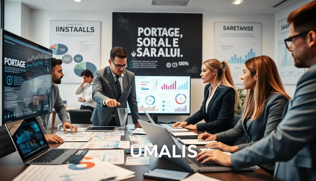 A professional workspace featuring a diverse group of business people analyzing statistical data related to the "portage salarial" sector. In the foreground, a table filled with colorful graphs, charts, and laptops. Two individuals, one male and one female, both dressed in professional business attire, point at a large digital screen displaying intricate data visuals. The middle ground shows additional team members collaborating, surrounded by documents and statistical reports. The background features a bright, modern office with large windows and motivational posters promoting teamwork and innovation. The lighting is bright and focused, creating an atmosphere of productivity and concentration. The logo "UMALIS GROUP" subtly integrated into the scene, perhaps on a notebook or a presentation slide.