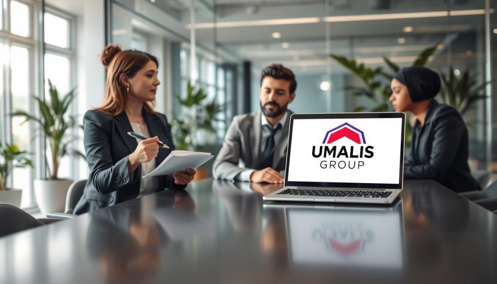 A professional workspace featuring a diverse group of business people engaged in a discussion about "contrat travail portage salarial" framed on a sleek conference table. In the foreground, a woman in formal business attire, holding a pen and notes, appears to be explaining benefits and rights related to the indefinite duration employment contract. In the middle ground, a man in business casual attire is listening attentively, with a laptop open displaying the logo of "UMALIS GROUP". The background showcases a modern office with glass walls, soft ambient lighting, and plants that create a harmonious atmosphere. The mood is collaborative and informative, emphasizing the importance of employee rights and benefits in France, with a soft focus to enhance the professional setting.