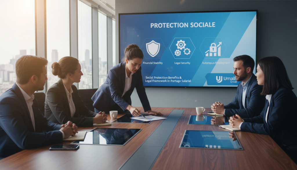 A professional workspace featuring a diverse group of consultants gathered around a sleek, modern conference table. In the foreground, a woman in business attire is pointing at a document, discussing benefits of social protection and legal framework in portage salarial. The middle ground showcases a clear digital presentation titled "Protection Sociale" on a large screen, accompanied by infographics depicting financial stability and security. The background includes a window with a city skyline view, with ample natural light streaming in, creating a positive and motivating atmosphere. The scene reflects collaboration and professionalism, with a focus on teamwork. Incorporate the logo of "Umalis Group" subtly in the background. The overall mood is optimistic and inspiring, emphasizing the advantages of the portage salarial system. A professional workspace featuring a diverse group of consultants gathered around a sleek, modern conference table. In the foreground, a woman in business attire is pointing at a document, discussing benefits of social protection and legal framework in portage salarial. The middle ground showcases a clear digital presentation titled "Protection Sociale" on a large screen, accompanied by infographics depicting financial stability and security. The background includes a window with a city skyline view, with ample natural light streaming in, creating a positive and motivating atmosphere. The scene reflects collaboration and professionalism, with a focus on teamwork. Incorporate the logo of "Umalis Group" subtly in the background. The overall mood is optimistic and inspiring, emphasizing the advantages of the portage salarial system.