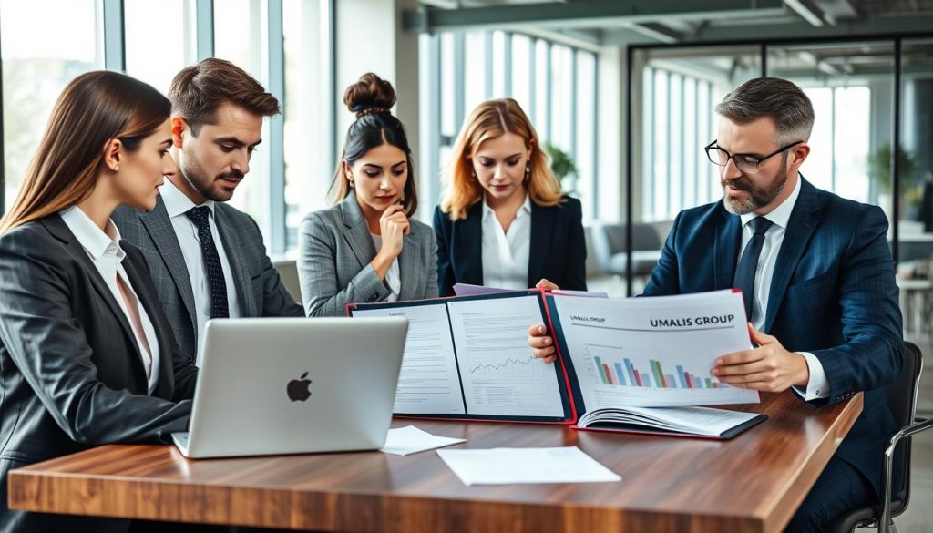 A professional workspace featuring a diverse group of four businesspeople engaged in a discussion about "contrats portage salarial." In the foreground, a male and female professional dressed in smart business attire, reviewing documents on a sleek wooden table. In the middle ground, a female freelancer, thoughtfully analyzing a laptop screen while taking notes, and a male consultant, gesturing with an open folder labeled "UMALIS GROUP" with charts and graphs visible. The background showcases a modern office environment with large windows, allowing natural light to illuminate the scene. The atmosphere is focused and collaborative, reflecting professionalism and attention to detail, with an emphasis on managing administrative and legal aspects.