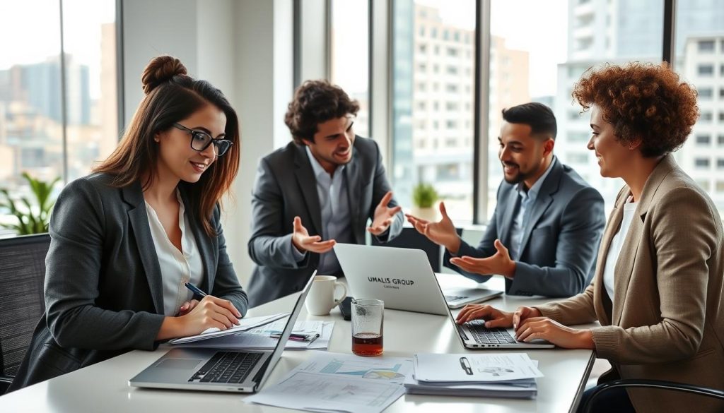 A professional workspace featuring a diverse group of four individuals engaged in a dynamic discussion about salary portage, surrounded by modern office elements. The foreground highlights a thoughtful woman with glasses, dressed in a smart blazer, jotting notes on a notepad. Beside her, a man in professional attire gestures while sharing insights. In the middle, a large table with open laptops, reports, and coffee cups symbolizes collaboration. The background shows a bright, airy office space with large windows and urban views, creating an inspiring atmosphere. Soft, natural lighting bathes the scene, emphasizing the engaged expressions of the participants. Include a subtle logo of "UMALIS GROUP" on the laptop screens. The overall mood is professional, informative, and collaborative.