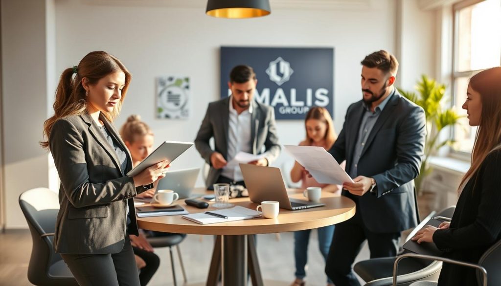 A professional workspace featuring a diverse group of freelancers discussing mission selection criteria. In the foreground, a focused woman in smart business attire is taking notes on a digital tablet, while a man beside her, dressed in a sleek shirt and blazer, reviews documents. In the middle, a round table is cluttered with laptops, notepads, and coffee cups, symbolizing collaboration. The background shows a bright, modern office with large windows letting in natural light, casting soft shadows. The atmosphere is productive and energetic, reflecting a brainstorming session. Include subtle branding elements like a logo or sign that reads "UMALIS GROUP" in the background to enhance professionalism. Use warm lighting to create an inviting mood and a slight depth of field to keep attention on the subjects. A professional workspace featuring a diverse group of freelancers discussing mission selection criteria. In the foreground, a focused woman in smart business attire is taking notes on a digital tablet, while a man beside her, dressed in a sleek shirt and blazer, reviews documents. In the middle, a round table is cluttered with laptops, notepads, and coffee cups, symbolizing collaboration. The background shows a bright, modern office with large windows letting in natural light, casting soft shadows. The atmosphere is productive and energetic, reflecting a brainstorming session. Include subtle branding elements like a logo or sign that reads "UMALIS GROUP" in the background to enhance professionalism. Use warm lighting to create an inviting mood and a slight depth of field to keep attention on the subjects.