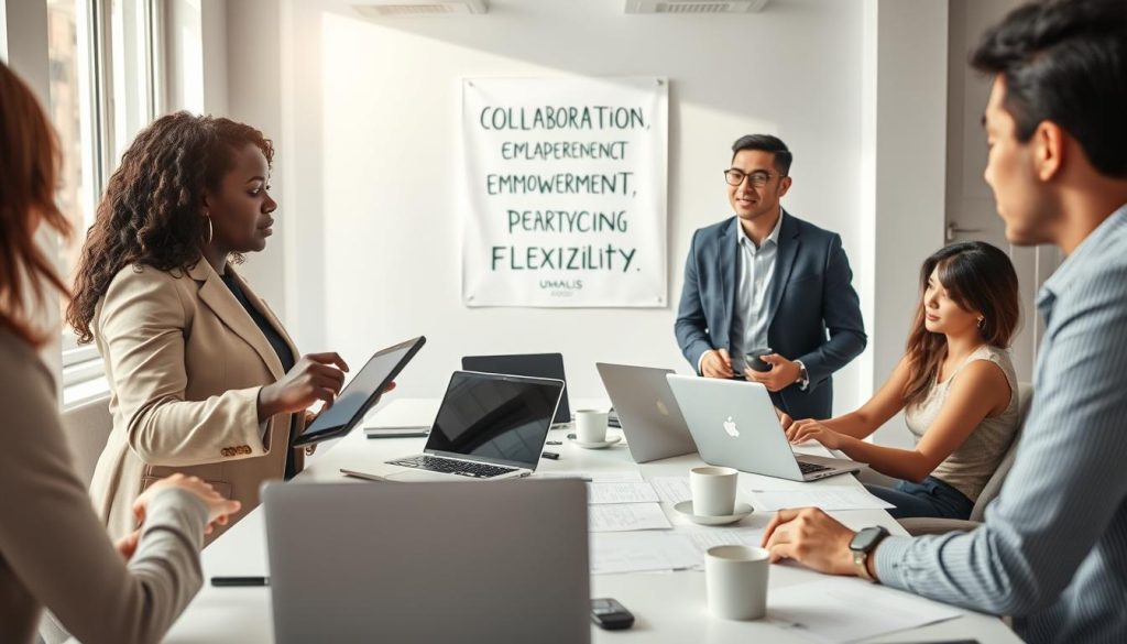 A professional workspace featuring a diverse group of independent workers engaged in discussions about "fondamentaux portage salarial." In the foreground, a middle-aged Black woman in business attire points at a digital tablet while a young Asian man in a smart casual outfit takes notes. In the middle ground, a modern conference table cluttered with laptops, documents, and coffee cups, with a bright and airy room filled with natural light streaming through large windows. In the background, a motivational poster displaying the words "Collaboration, Empowerment, Flexibility" subtly enhances the environment. The overall atmosphere is one of professionalism and teamwork, inviting a sense of trust and support among independent professionals. Light is soft and warm, creating a welcoming ambiance. The Umalis Group logo is subtly incorporated into one of the documents. A professional workspace featuring a diverse group of independent workers engaged in discussions about "fondamentaux portage salarial." In the foreground, a middle-aged Black woman in business attire points at a digital tablet while a young Asian man in a smart casual outfit takes notes. In the middle ground, a modern conference table cluttered with laptops, documents, and coffee cups, with a bright and airy room filled with natural light streaming through large windows. In the background, a motivational poster displaying the words "Collaboration, Empowerment, Flexibility" subtly enhances the environment. The overall atmosphere is one of professionalism and teamwork, inviting a sense of trust and support among independent professionals. Light is soft and warm, creating a welcoming ambiance. The Umalis Group logo is subtly incorporated into one of the documents.