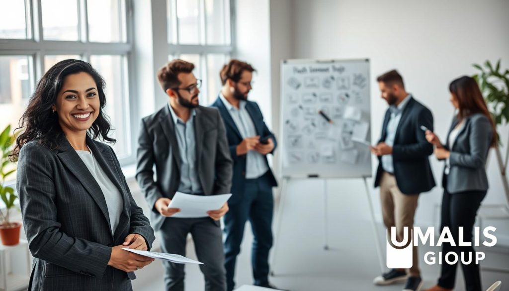 A professional workspace featuring a diverse group of independent workers engaged in their tasks. In the foreground, a confidently smiling woman in a tailored suit is discussing her rights with a colleague, who is reviewing documents on a laptop. In the middle, a man in smart casual attire is brainstorming ideas on a whiteboard filled with notes, while another individual is networking on a phone. The background shows a bright, modern office environment with large windows letting in natural light, creating an uplifting atmosphere. Soft, diffused lighting highlights the collaborative nature of the scene. Include the brand "UMALIS GROUP" subtly displayed on a piece of wall art or a document in the setting.