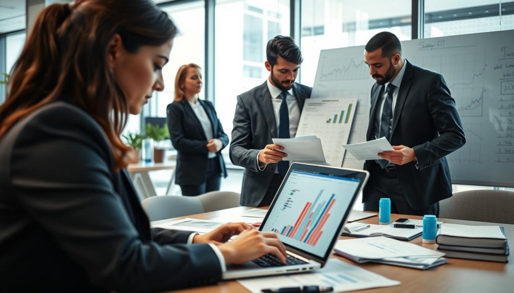 A professional workspace featuring a diverse group of individuals analyzing figures and charts representing unemployment benefits and salary portage calculations. In the foreground, a female financial analyst in smart business attire focuses on a laptop with graphs displayed. In the middle, a male consultant explains calculations to a colleague, both dressed in business attire, surrounded by paperwork and a whiteboard filled with financial charts. In the background, a modern office setting with large windows allowing natural light to filter in, creating a bright and motivating atmosphere. The overall mood is one of collaboration and determination, emphasizing the analytical nature of calculating unemployment benefits. Soft lighting enhances the professional tone, while a slight depth of field adds focus to the foreground subjects. A professional workspace featuring a diverse group of individuals analyzing figures and charts representing unemployment benefits and salary portage calculations. In the foreground, a female financial analyst in smart business attire focuses on a laptop with graphs displayed. In the middle, a male consultant explains calculations to a colleague, both dressed in business attire, surrounded by paperwork and a whiteboard filled with financial charts. In the background, a modern office setting with large windows allowing natural light to filter in, creating a bright and motivating atmosphere. The overall mood is one of collaboration and determination, emphasizing the analytical nature of calculating unemployment benefits. Soft lighting enhances the professional tone, while a slight depth of field adds focus to the foreground subjects.