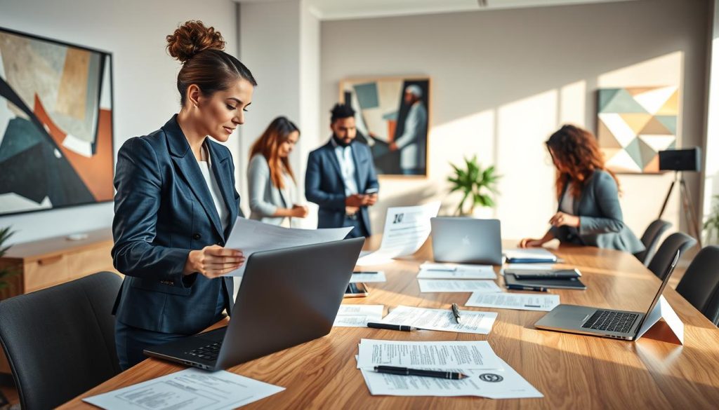 A professional workspace featuring a diverse group of individuals discussing a "contrat de service portage salarial". In the foreground, there are two business people, a woman in a tailored navy suit and a man in a gray blazer, engaged in a focused conversation, reviewing documents that outline service agreements. In the middle ground, a large wooden table with modern laptops, pens, and contract drafts spread out invitingly. The scene is well-lit with soft natural light coming from a large window, casting an inviting glow over the space. In the background, abstract art on the walls adds a creative touch to the professional atmosphere. The mood is collaborative and energetic, emphasizing the importance of security and clarity in service contracts. A professional workspace featuring a diverse group of individuals discussing a "contrat de service portage salarial". In the foreground, there are two business people, a woman in a tailored navy suit and a man in a gray blazer, engaged in a focused conversation, reviewing documents that outline service agreements. In the middle ground, a large wooden table with modern laptops, pens, and contract drafts spread out invitingly. The scene is well-lit with soft natural light coming from a large window, casting an inviting glow over the space. In the background, abstract art on the walls adds a creative touch to the professional atmosphere. The mood is collaborative and energetic, emphasizing the importance of security and clarity in service contracts.