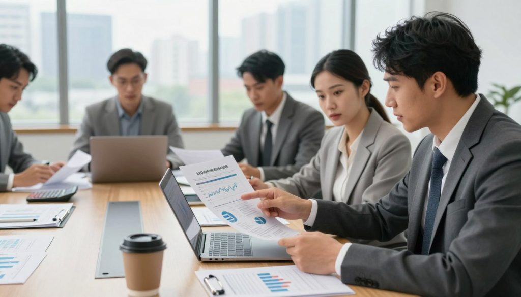 A professional workspace featuring a diverse group of individuals discussing financial documents and charts, symbolizing social charges and contributions. In the foreground, a focused man in business attire points at a chart, while a woman beside him reviews a document with a calculator. In the middle, a conference table is filled with laptops, papers, and office supplies, highlighting teamwork and collaboration. In the background, a large window with natural light streaming in, showcasing a city skyline. The scene is bright and well-lit, creating an atmosphere of productivity and engagement. The image has a slight depth of field to emphasize the subjects and their discussion, portraying a sense of urgency and importance regarding financial responsibilities.