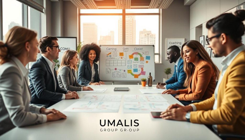 A professional workspace featuring a diverse group of individuals engaged in a dynamic discussion around a large conference table. The foreground showcases a mixed-gender team, dressed in smart business attire, with a whiteboard in the background filled with colorful notes and diagrams that illustrate professional goals. Bright, natural lighting floods the room, creating an inspiring atmosphere. The middle layer includes modern office decor, such as potted plants and motivational posters. The background features large windows looking out onto a vibrant cityscape, symbolizing opportunity and growth. This scene reflects clarity, collaboration, and the pursuit of professional objectives, designed for a coaching context. Include the logo "UMALIS GROUP" subtly in the background.