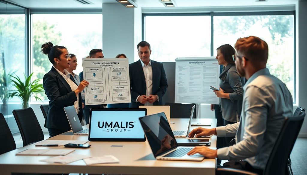 A professional workspace featuring a diverse group of individuals in business attire, discussing essential guarantees and coverage related to "portage salarial." In the foreground, a confident female consultant gestures towards a clear chart illustrating various insurance options, while a male colleague takes notes. The middle ground showcases a modern conference table filled with laptops, documents, and an open laptop displaying the logo of UMALIS GROUP. In the background, a bright office with large windows allowing sunlight to pour in, creating a warm and welcoming atmosphere. The lighting is soft yet focused, emphasizing collaboration, security, and professionalism, with a hint of greenery visible through the windows for balance. The overall mood reflects trust, assurance, and a proactive approach to freelance security.