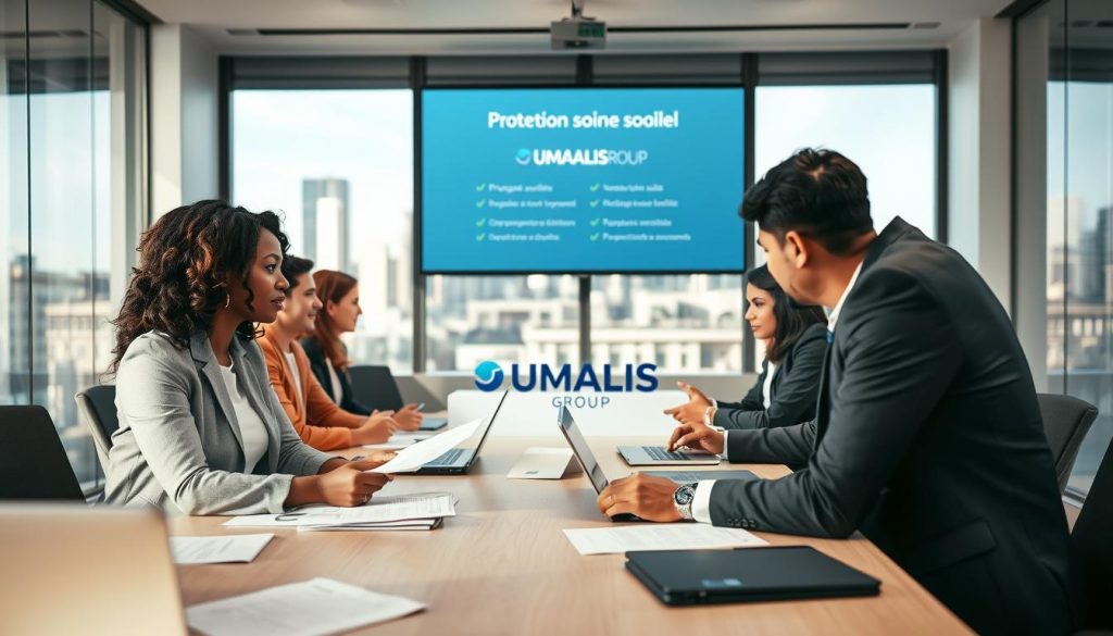 A professional workspace featuring a diverse group of individuals in business attire, engaging in a collaborative meeting. In the foreground, a confident middle-aged Black woman discusses important documents with a younger South Asian man, both focused on the task at hand. The middle ground shows a large conference table laden with papers, laptops, and a digital presentation highlighting "Protection sociale" benefits. In the background, a large window reveals a modern city skyline, with soft, natural daylight illuminating the scene. The atmosphere is productive and optimistic, emphasizing teamwork and support in the context of "portage salarial." Include the logo and branding of "UMALIS GROUP" subtly on a presentation screen. The framing should be slightly angled, capturing both the participants and the backdrop.