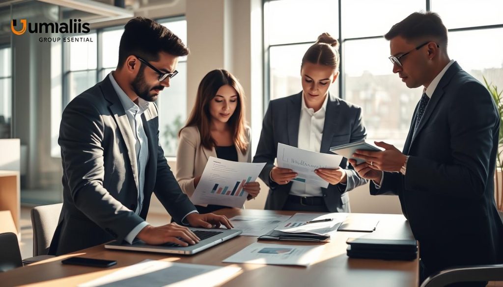 A professional workspace featuring a diverse group of individuals in smart business attire, engaged in a collaborative discussion about client contracts and mission types. In the foreground, a neatly organized table with documents, contracts, and a laptop displaying graphs. In the middle, two professionals—a man and a woman—are reviewing the documents, while a third person is noting down important points on a notepad. The background includes a bright, modern office with large windows allowing natural light to flood the space, creating a warm and inviting atmosphere. Soft shadows cast by the sunlight add depth to the scene. Subtle branding elements of "Umalis Group" are integrated into the workspace design, reinforcing the professional context. The overall mood conveys collaboration, focus, and a sense of purpose in freelance work essentials.