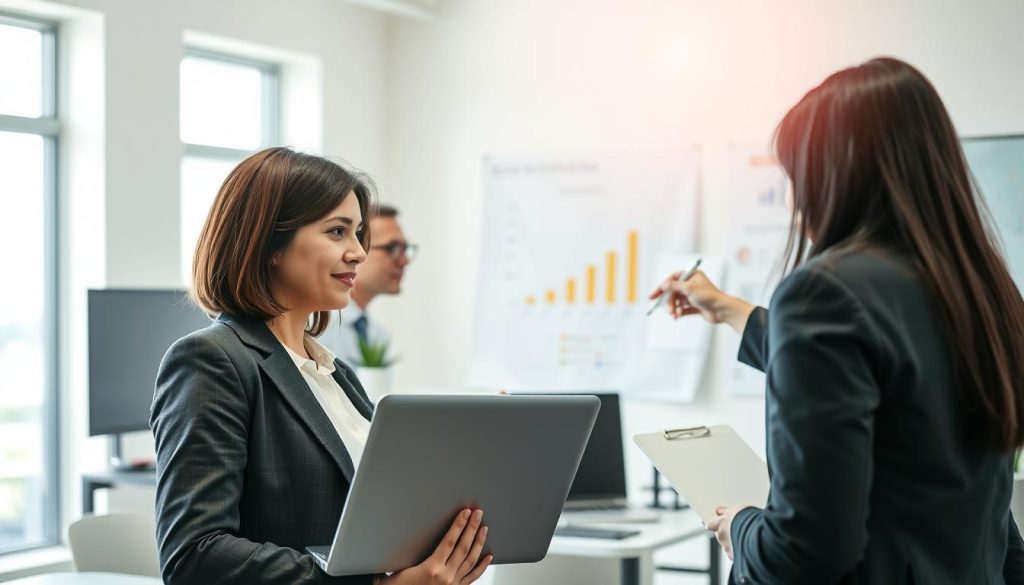 A professional workspace featuring a diverse group of three individuals engaging in a discussion about skills required for success in the field of IT contracting. In the foreground, a woman with short brown hair in professional attire holding a laptop, while a man with glasses takes notes on a notepad, and another woman with long black hair gestures towards a chart on a whiteboard. The middle ground shows a bright and organized office space, with technology devices like tablets and monitors. The background includes a window with natural light streaming in, creating a vibrant atmosphere. The setting conveys collaboration, professionalism, and a focus on skill development, emphasizing the importance of competencies in a thriving IT contracting environment.