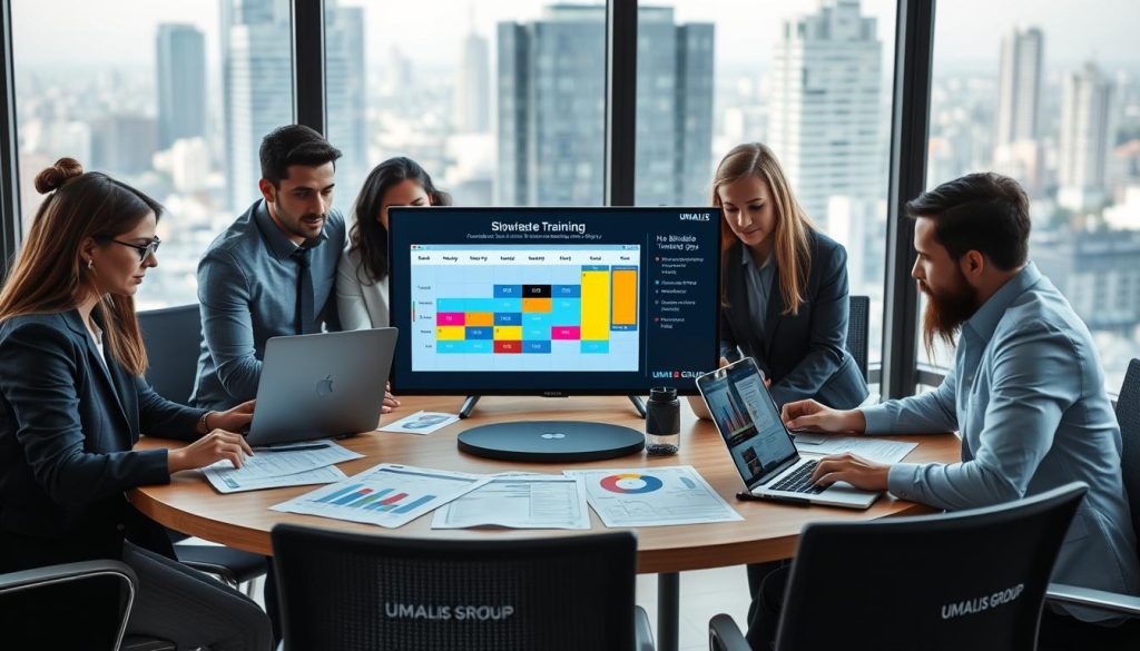 A professional workspace featuring a diverse team of business people, dressed in smart casual attire, engaged in calculating annual training and monitoring days. The foreground showcases a large round table with laptops, spreadsheets, and colorful charts displaying data. In the middle ground, a digital display shows a calendar map highlighting non-billable training days. The background features a large window with a cityscape view, suggesting a bustling urban environment. Natural light floods the scene, creating a bright and focused atmosphere. The overall mood is collaborative and productive, emphasizing the importance of planning for training and development. Branding elements subtly incorporated include "UMALIS GROUP" on the laptops.