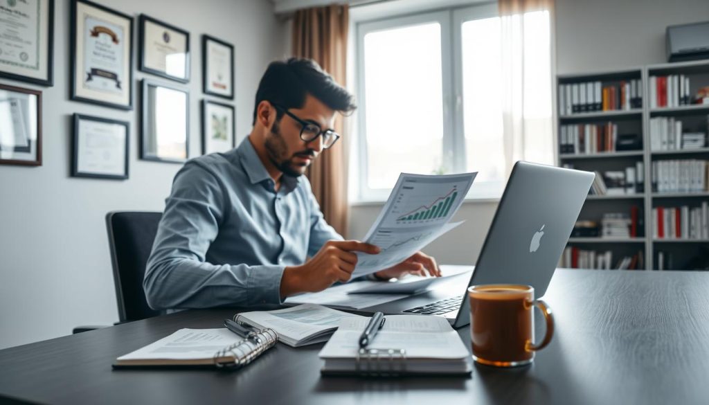 A professional workspace featuring a focused independent professional sitting at a sleek desk, intently reviewing financial documents and digital devices that display graphs and earnings projections. The foreground highlights a modern laptop, a notebook filled with notes, and a cup of coffee, symbolizing productivity. In the middle ground, a wall with framed certifications and a large window allowing natural light to illuminate the space, creating an atmosphere of clarity and ambition. The background includes a bookshelf filled with books on finance and entrepreneurship. The overall mood is inspiring and motivating, conveying the essence of optimizing earnings for freelancers. Include the subtle presence of the brand logo "UMALIS GROUP" on a document. Soft, diffused lighting enhances the sense of professionalism.
