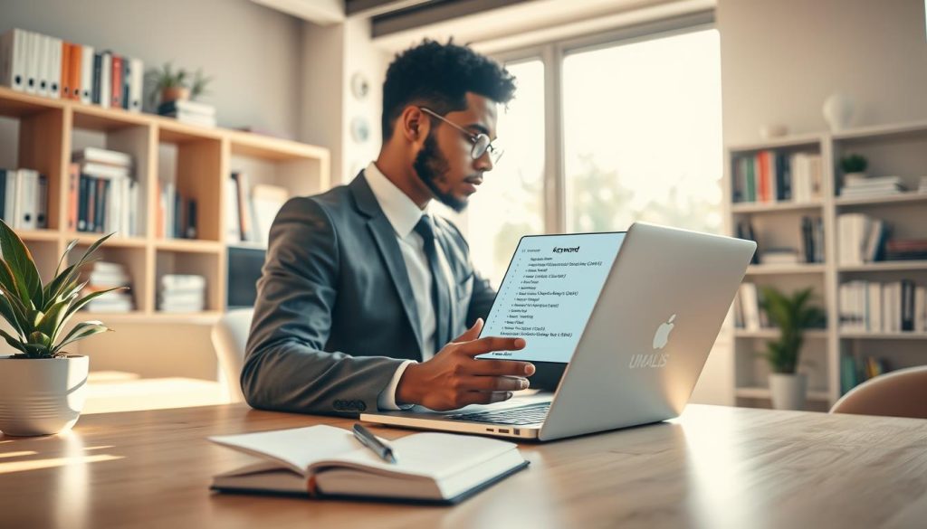 A professional workspace featuring a focused individual in business attire researching keywords on a sleek laptop. In the foreground, a modern desk with a potted plant and a notebook filled with handwritten notes. In the middle, the individual, a diverse professional, is shown in profile, intensely studying keyword data displayed on the screen. The background gives a glimpse of a well-organized bookshelf filled with marketing books and a large window allowing natural light to flood the room, creating a bright and inspiring atmosphere. Soft, warm lighting highlights the workspace, while ensuring a productivity-driven mood. The brand name "UMALIS GROUP" subtly integrated into the décor elements, reinforcing the theme of optimization and search relevance. A professional workspace featuring a focused individual in business attire researching keywords on a sleek laptop. In the foreground, a modern desk with a potted plant and a notebook filled with handwritten notes. In the middle, the individual, a diverse professional, is shown in profile, intensely studying keyword data displayed on the screen. The background gives a glimpse of a well-organized bookshelf filled with marketing books and a large window allowing natural light to flood the room, creating a bright and inspiring atmosphere. Soft, warm lighting highlights the workspace, while ensuring a productivity-driven mood. The brand name "UMALIS GROUP" subtly integrated into the décor elements, reinforcing the theme of optimization and search relevance.