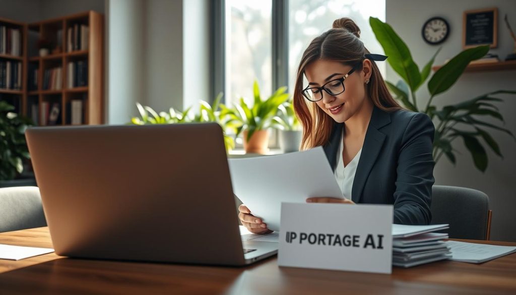 A professional workspace featuring a laptop on a wooden desk, surrounded by documents and a notepad. The foreground showcases a close-up of a professional-looking businesswoman in a smart suit, thoughtfully reviewing the documents, with a confident expression. In the middle ground, there is a large windowsill filled with lush green plants, letting in soft, natural daylight that casts gentle shadows. The background includes a modern office setting with shelves of books and awards on the walls, creating an atmosphere of success and professionalism. The overall mood is focused and inspiring, conveying the essence of making informed decisions. Include the brand name "PORTAGE AI" subtly integrated into the design of a document on the desk.