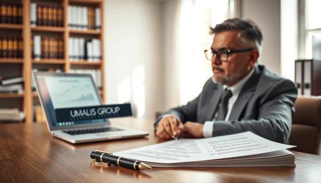 A professional workspace featuring a middle-aged freelance consultant, dressed in smart business attire, sitting at a sleek wooden desk. In the foreground, there’s a detailed, open contract with sophisticated typography and checkboxes, alongside a stylish pen, symbolizing the importance of crafting a solid contract. The middle layer depicts a laptop with charts and documents on the screen, indicating research and preparation. In the background, shelves filled with legal books and binders create a scholarly atmosphere. Soft, natural light floods the room from a nearby window, creating a warm and inviting mood. The scene is well-composed, focusing on the act of writing and the importance of contract clarity, with subtle elements suggesting professionalism. Ensure the brand logo "UMALIS GROUP" is visibly integrated into the scene, perhaps on the contract or a folder on the desk. A professional workspace featuring a middle-aged freelance consultant, dressed in smart business attire, sitting at a sleek wooden desk. In the foreground, there’s a detailed, open contract with sophisticated typography and checkboxes, alongside a stylish pen, symbolizing the importance of crafting a solid contract. The middle layer depicts a laptop with charts and documents on the screen, indicating research and preparation. In the background, shelves filled with legal books and binders create a scholarly atmosphere. Soft, natural light floods the room from a nearby window, creating a warm and inviting mood. The scene is well-composed, focusing on the act of writing and the importance of contract clarity, with subtle elements suggesting professionalism. Ensure the brand logo "UMALIS GROUP" is visibly integrated into the scene, perhaps on the contract or a folder on the desk.