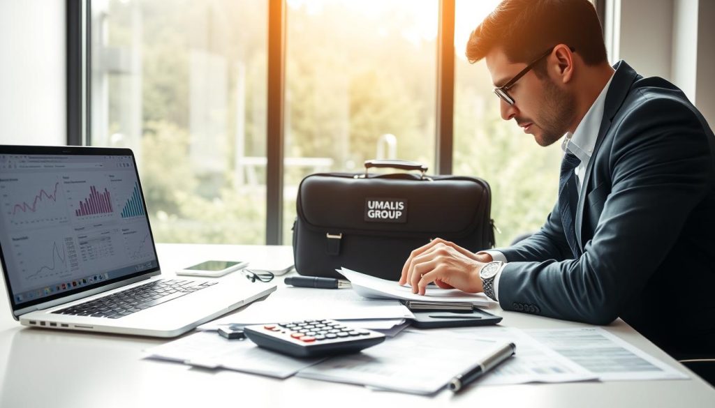 A professional workspace featuring a modern desk with a laptop displaying financial graphs and budget spreadsheets. In the foreground, a focused individual dressed in business attire, analyzing expenses with a calculator next to them. The middle ground showcases a sleek briefcase labeled 'Umalis Group' and scattered documents, symbolizing organized finance management. The background contains a large window letting in natural light, casting a warm glow over the scene. The atmosphere is one of productivity and professionalism, emphasizing the theme of secure independence through proper financial management. The lighting is bright and even, with a soft bokeh effect in the background to enhance depth.