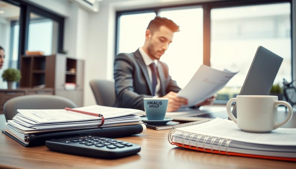 A professional workspace featuring a modern office desk with a laptop, stacks of paperwork, and a calculator, symbolizing "frais professionnels" or professional expenses. In the foreground, a neatly arranged planner with colorful tabs and a stylish coffee cup, creating an inviting atmosphere. The middle ground shows a focused business professional in smart attire, analyzing financial documents, expressing concentration and diligence. The background showcases a bright office window with daylight streaming in, providing an uplifting mood. The scene is well-lit, capturing details with a soft focus on the edges, while the central figure remains sharp. Include elements like a subtle logo of "UMALIS GROUP" on the laptop screen, without any text or distractions.
